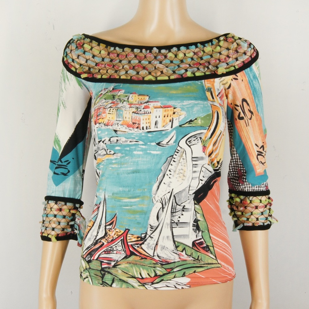 Vintage Save The Queen Italy Weaved Collar Ocean City Graphic Illustration Top